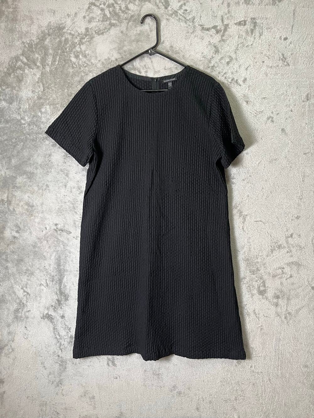 Eileen Fisher Black Waffle Knit Honeycomb‎ Shift Dress Organic Cotton Lyocell LG